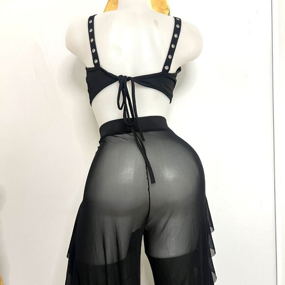 Sexy Black Sheer Mesh Pearl Embellished Two-Piece Set Ruffle Chaps Women Size XL - Picture 4 of 16